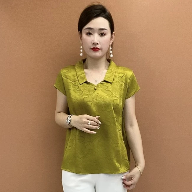2025新款宽松休闲女装小衫夏款翻领短袖百搭减龄缎面中老年妈妈装