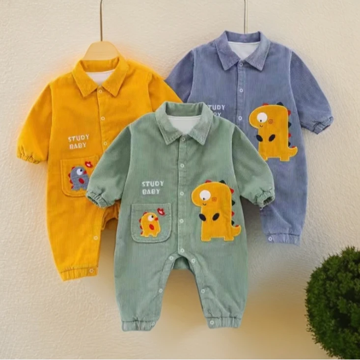 新款春秋款灯芯绒卡通大小恐龙长袖双层婴儿衣服幼儿宝宝衣服童装