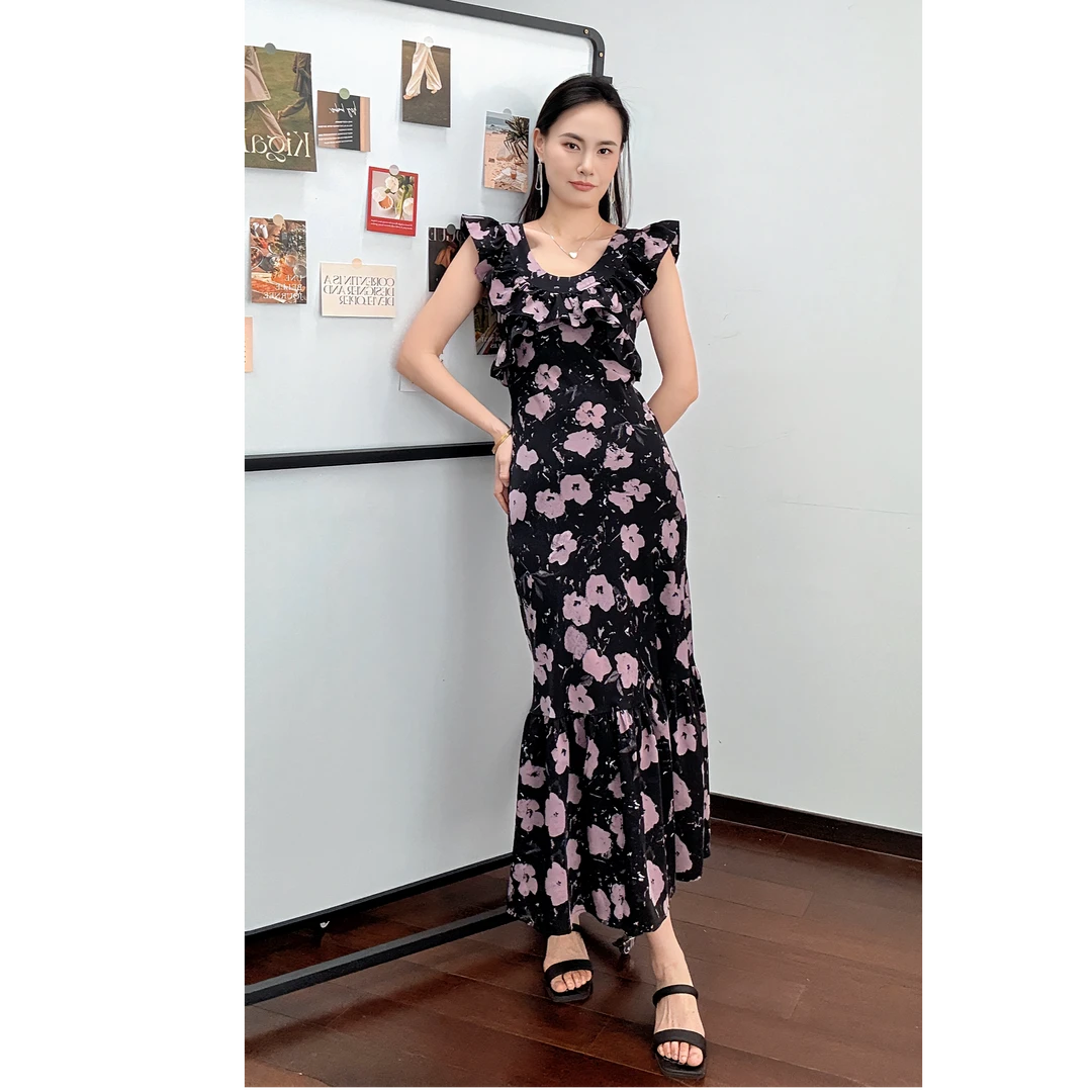 荷叶边百搭显瘦收腰系带连衣裙黑雾紫花卉连衣裙