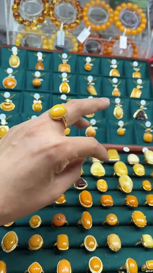 银S925镶嵌琥珀戒指蜜蜡戒指