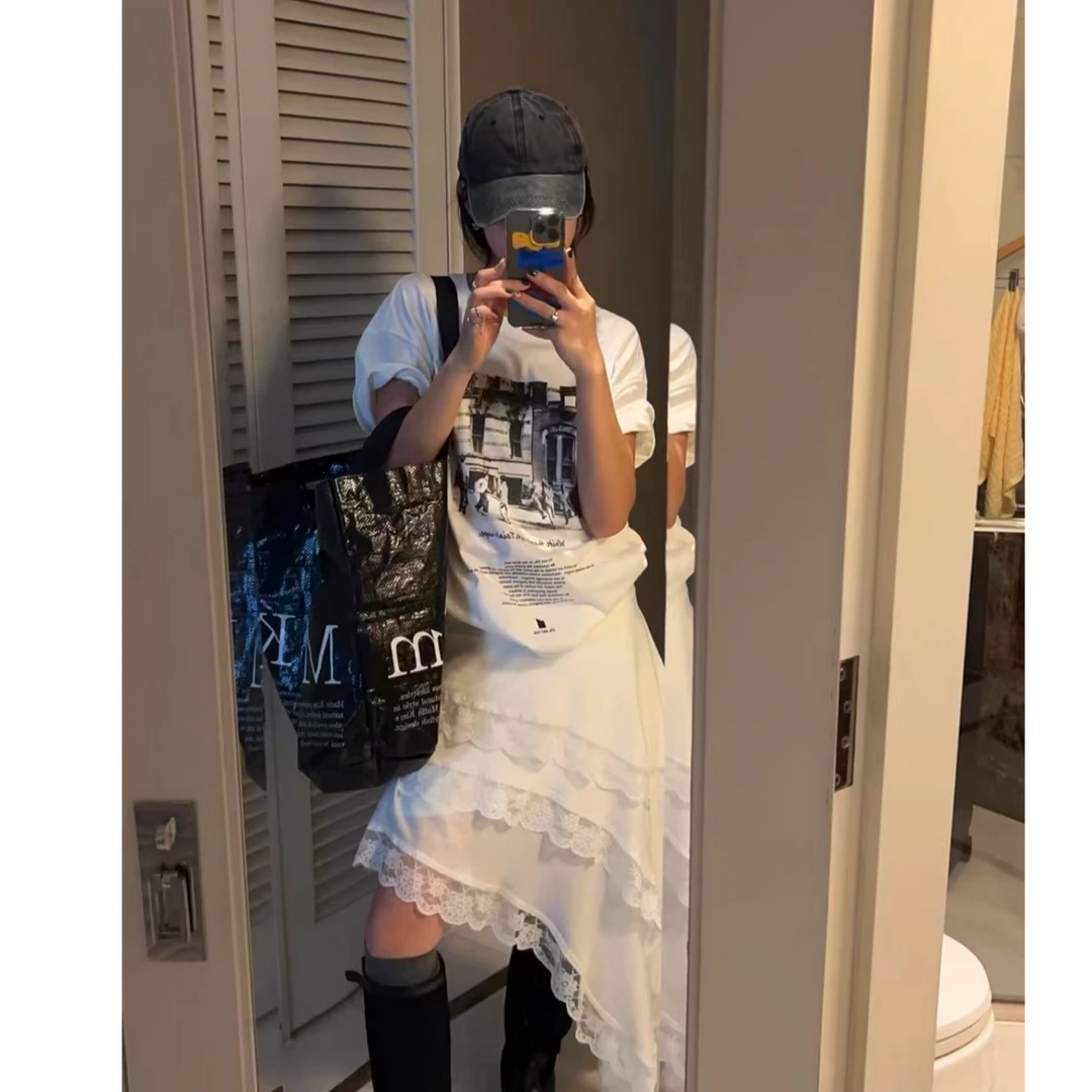 TEEINXX法式白色不规则斜边蕾丝半身裙NZ252