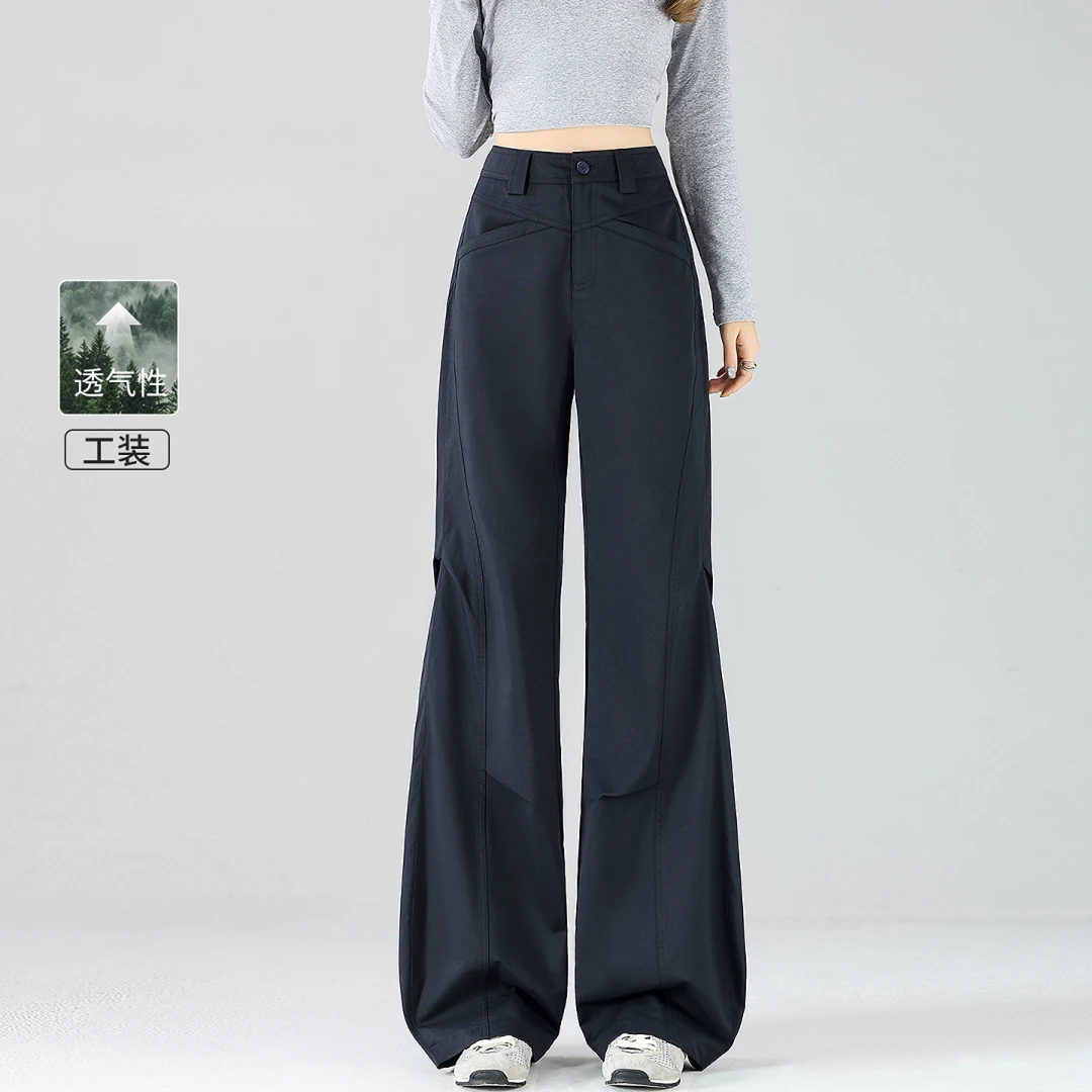 深蓝色弯刀工装裤女春秋高腰新款宽松复古美式休闲香蕉喇叭阔腿裤