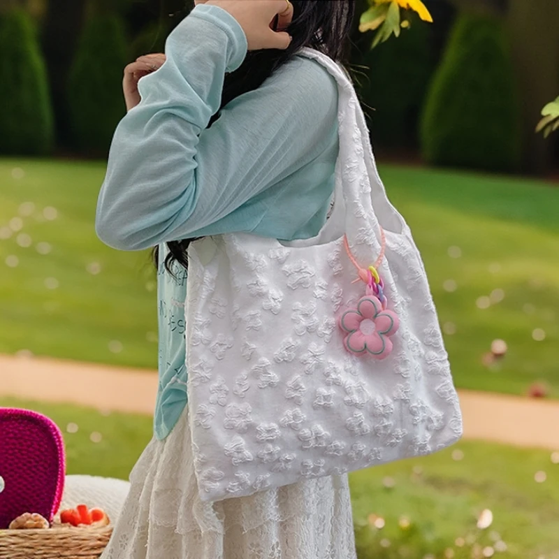 少女大容量通勤托特包单肩包温柔花朵蕾丝背心包高颜值纯色仙女包