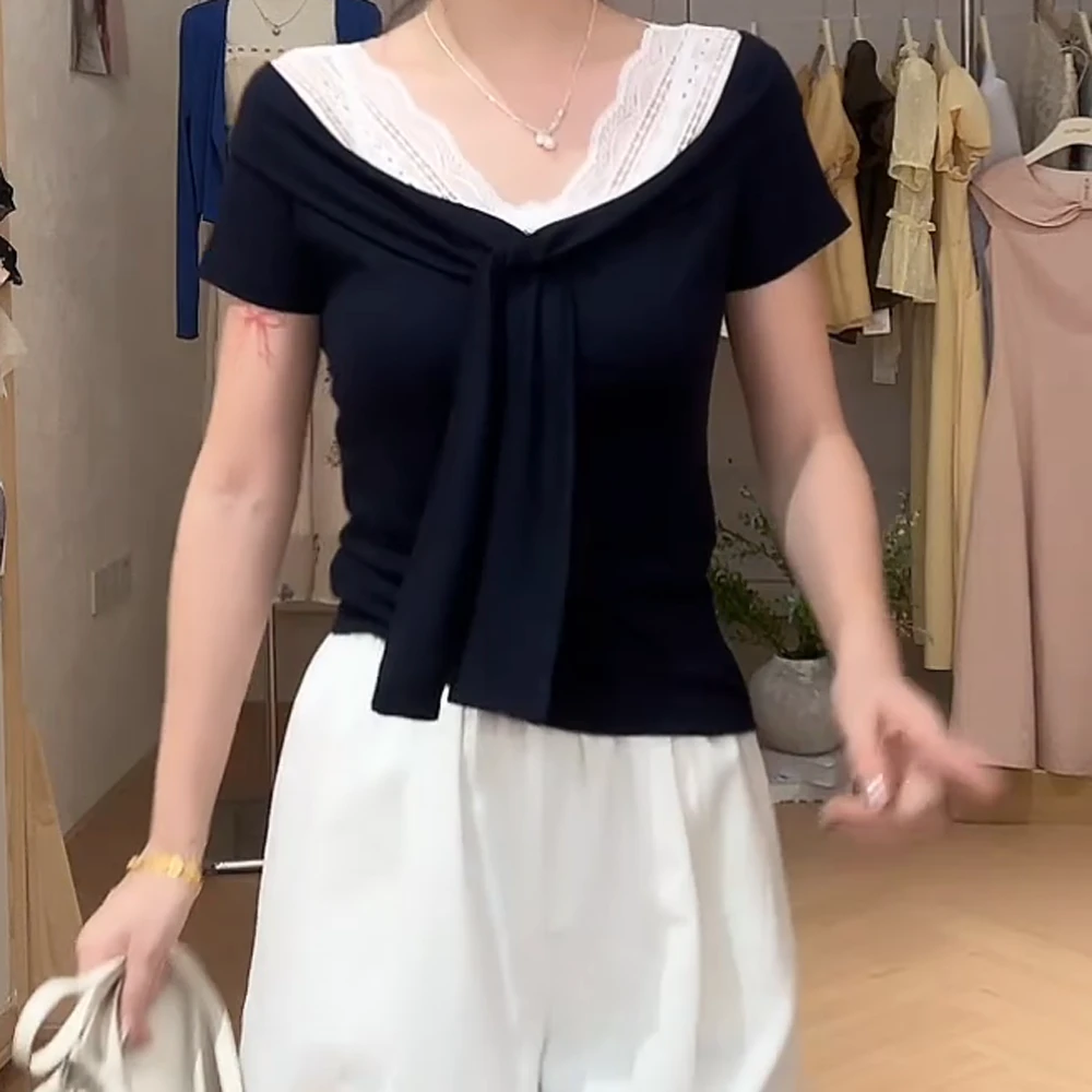 蓝白记忆~v领蕾丝拼接蝴蝶结绑带小众设计感正肩短袖t恤