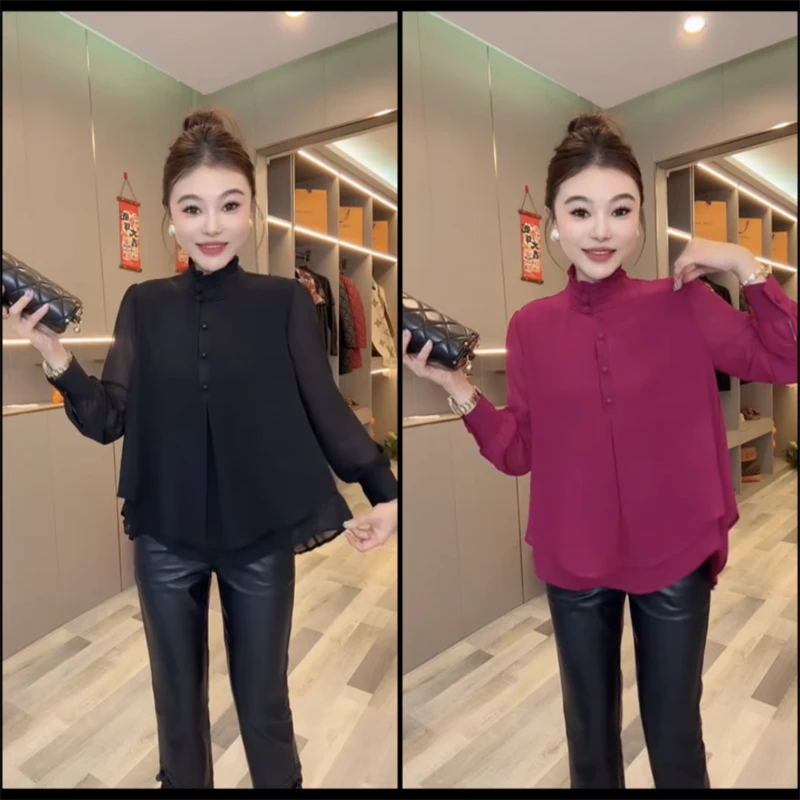 极简风通勤大气衬衫2025年春季新款立领中长款纯色长袖显瘦小衫女
