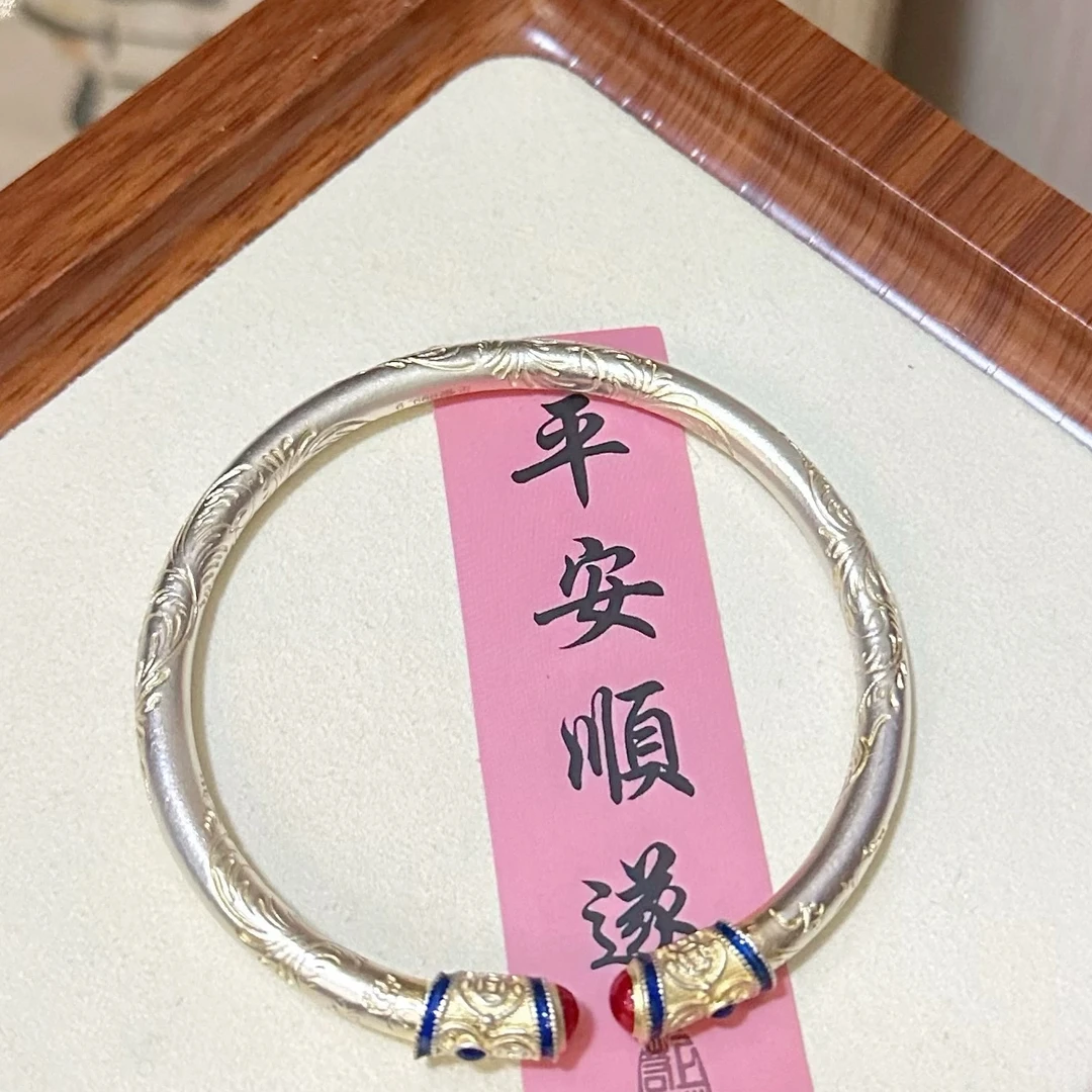 足银手镯 35号 唐草纹描金珐琅彩开口实心足银手镯