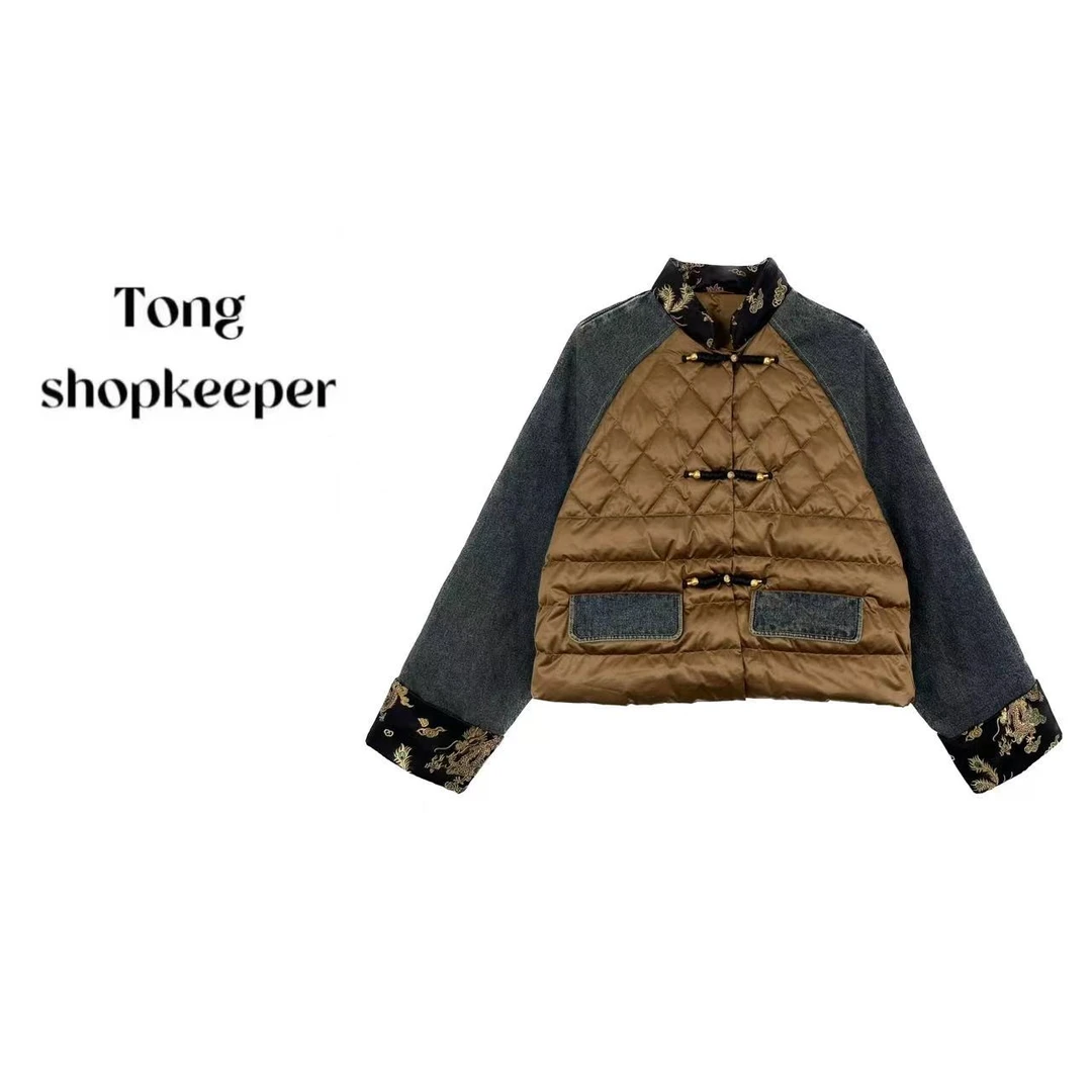 QJ168221【如懿呈祥】牛仔拼接国风鹅绒外套