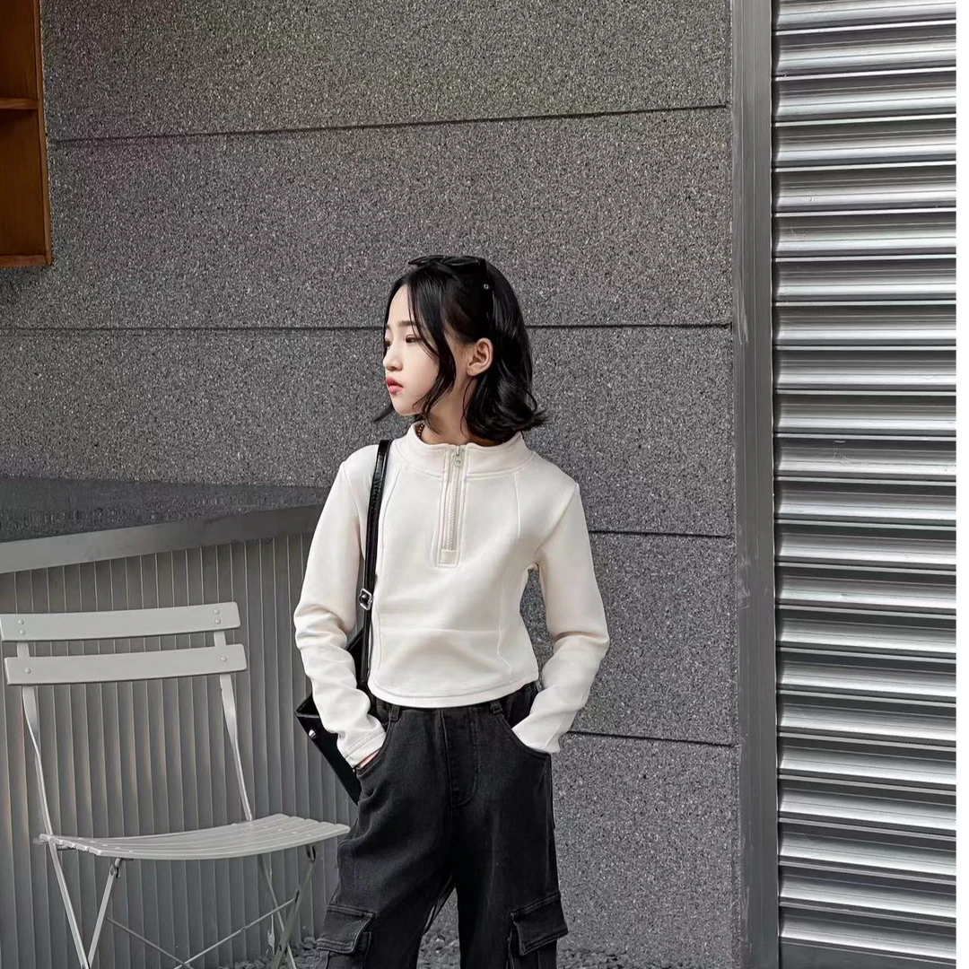 女童工装长袖裤秋季新款中大童女百搭时尚上衣纯色高领休闲FS030