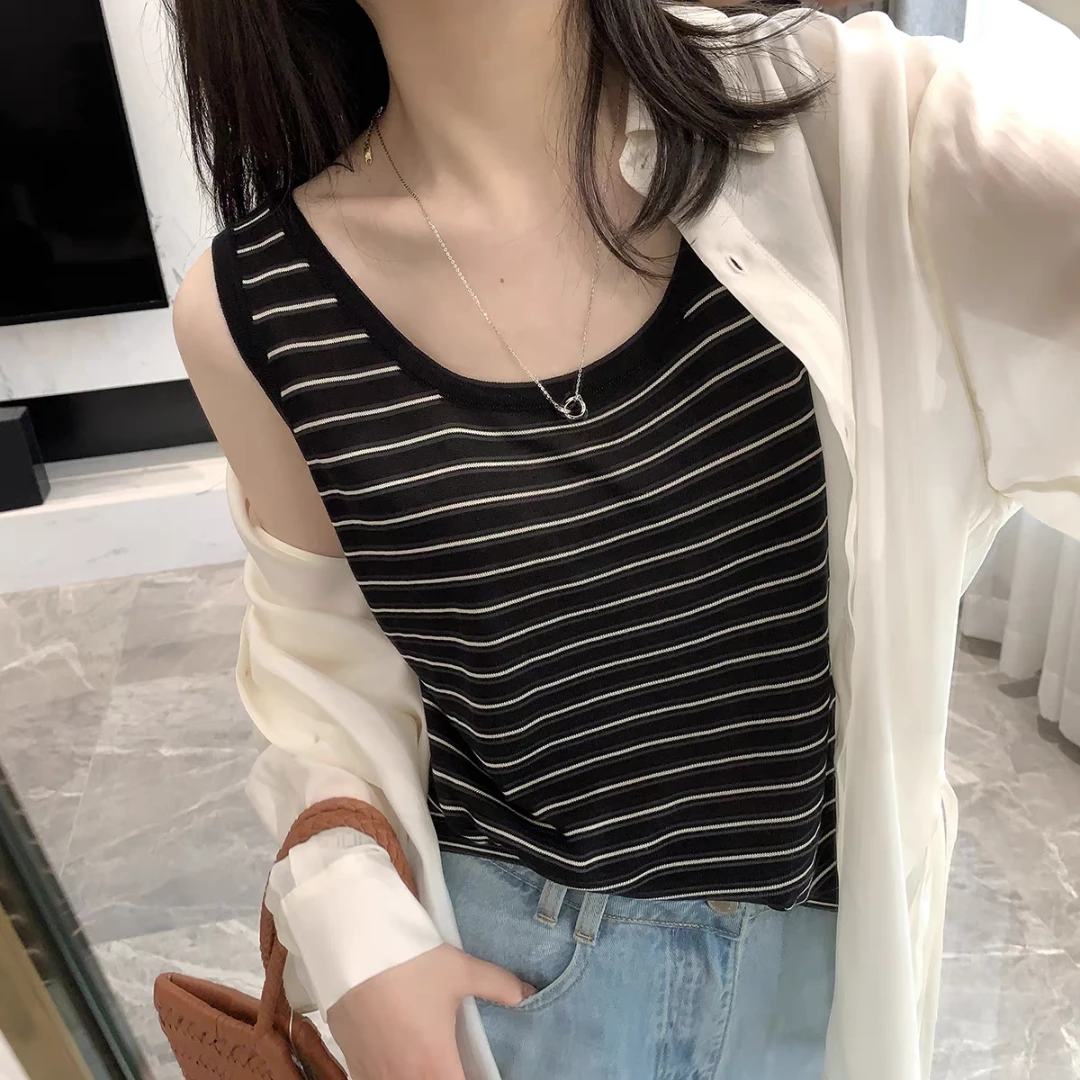 80-210斤大码条纹吊带背心女内搭宽肩带遮肚显瘦打底衫无袖上衣夏