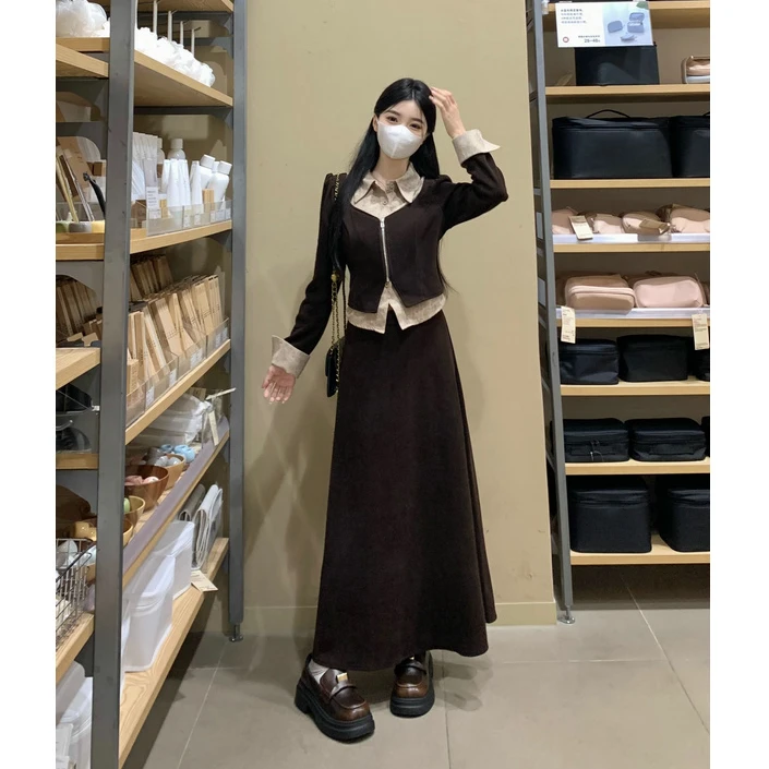 【朵拉】大码女装2025春季新款显瘦减龄设计假两件上衣+裙子两件套