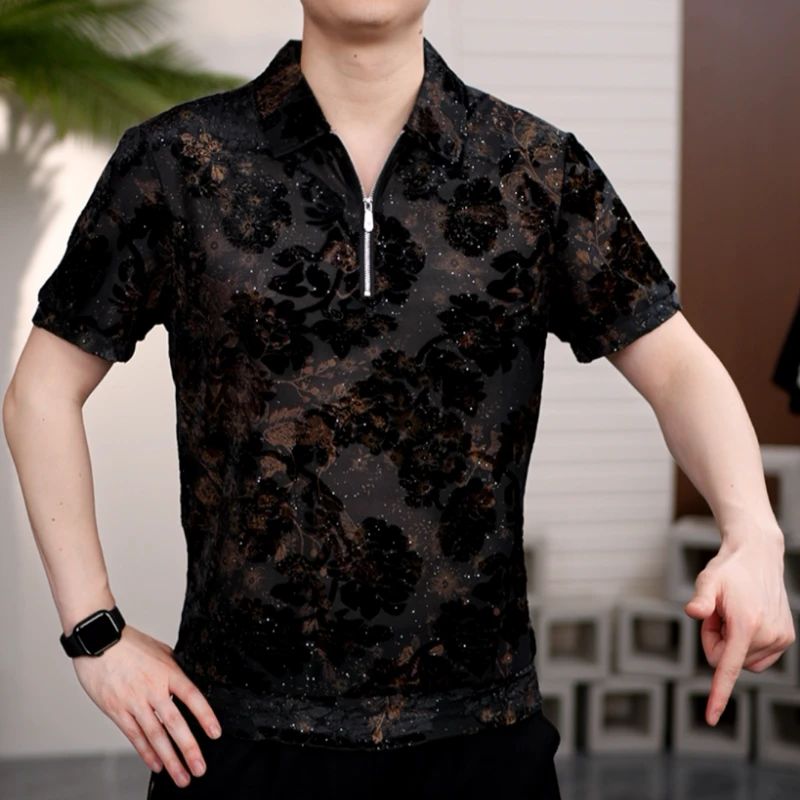 2025男士夏季短袖翻领轻奢高品质拉链衫花纹烫钻满天星F537