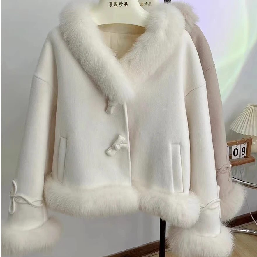 DOUSHEHUI  云雾白茶狐狸毛双面呢皮草服饰外套
