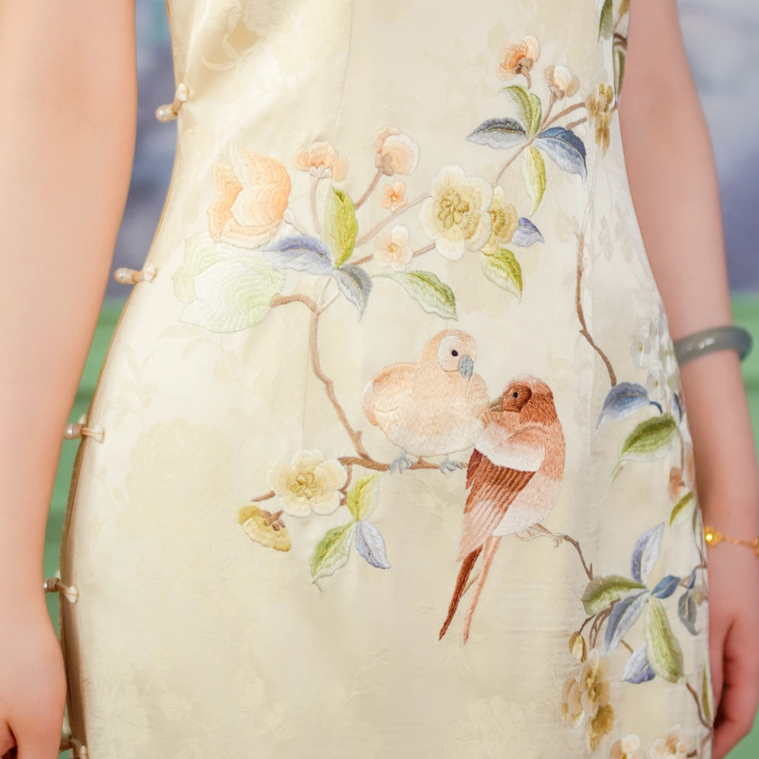 黄色紫色两色比翼双飞小鸟旗袍