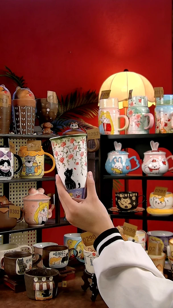 杯子瓷DIY景德镇创意手工陶瓷卡通风小黑猫可乐杯