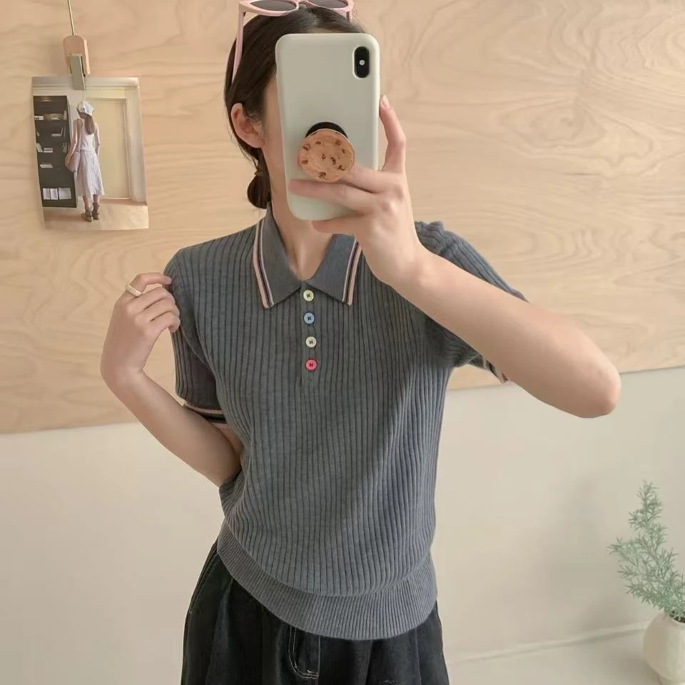 【设计感气质POLO领】短袖针织衫薄款气质通勤修身显瘦上衣女18104-