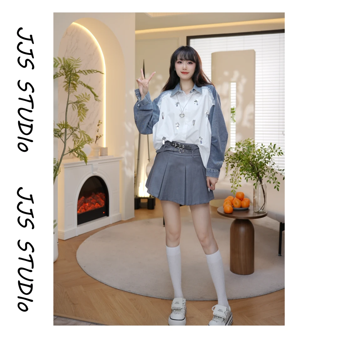 5053146『休闲时光』2025早春拼接牛仔长袖系扣设计师韩版百搭衬衫