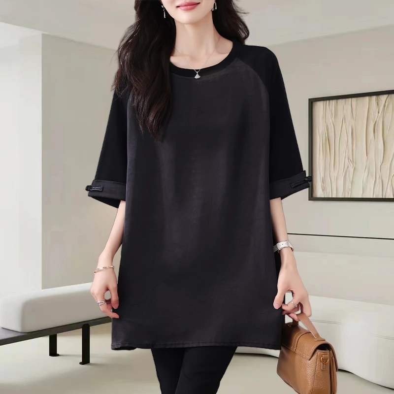 2025夏季新款大码中长款黑色短袖t恤女时尚宽松遮肉显瘦洋气上衣