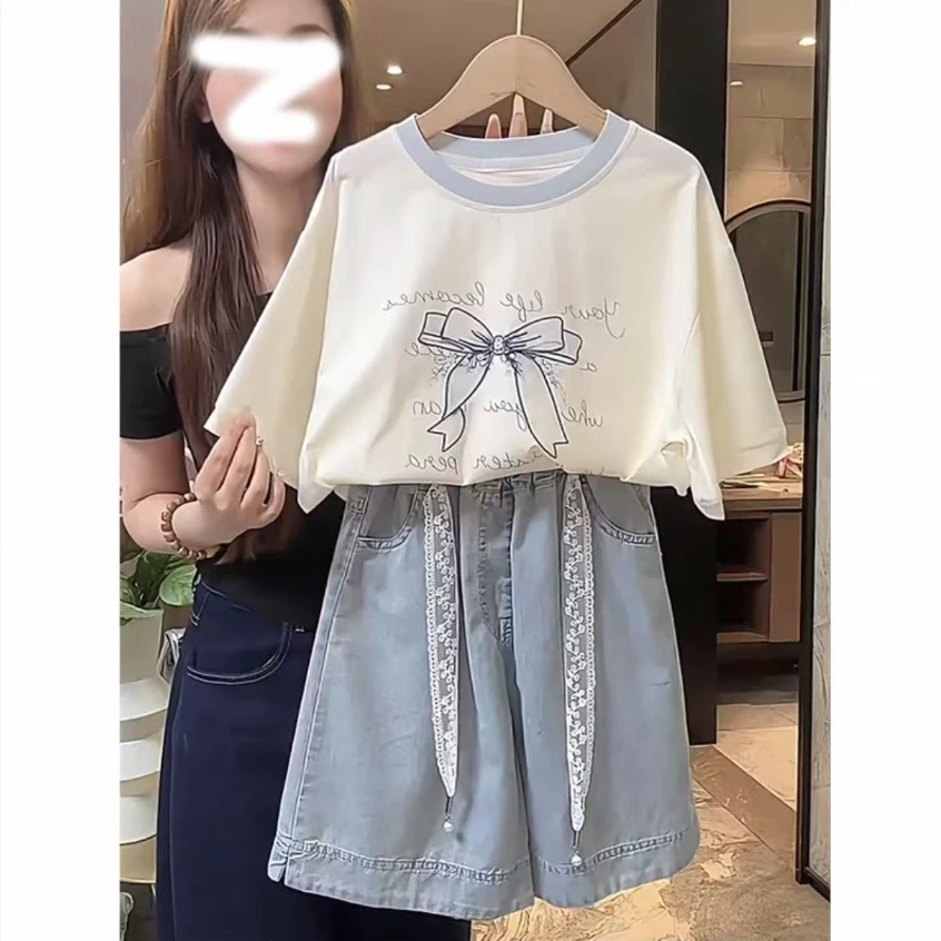 女童蝴蝶结T恤牛仔中裤套装夏季2025新款中大童蕾丝腰带短袖穿搭
