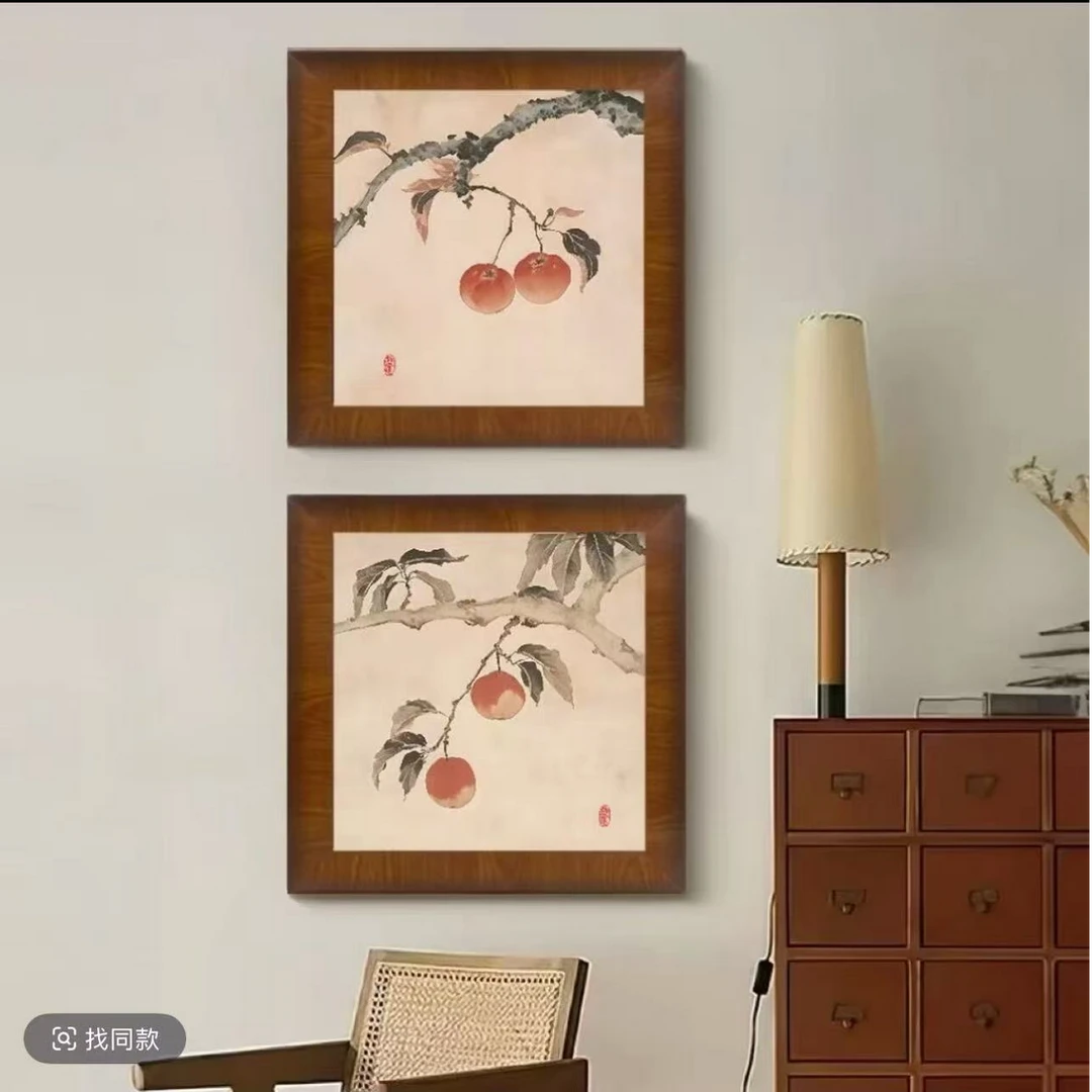 H35《好柿成双》中古风餐厅装饰画新中式国风寓意好氛围感客厅挂画