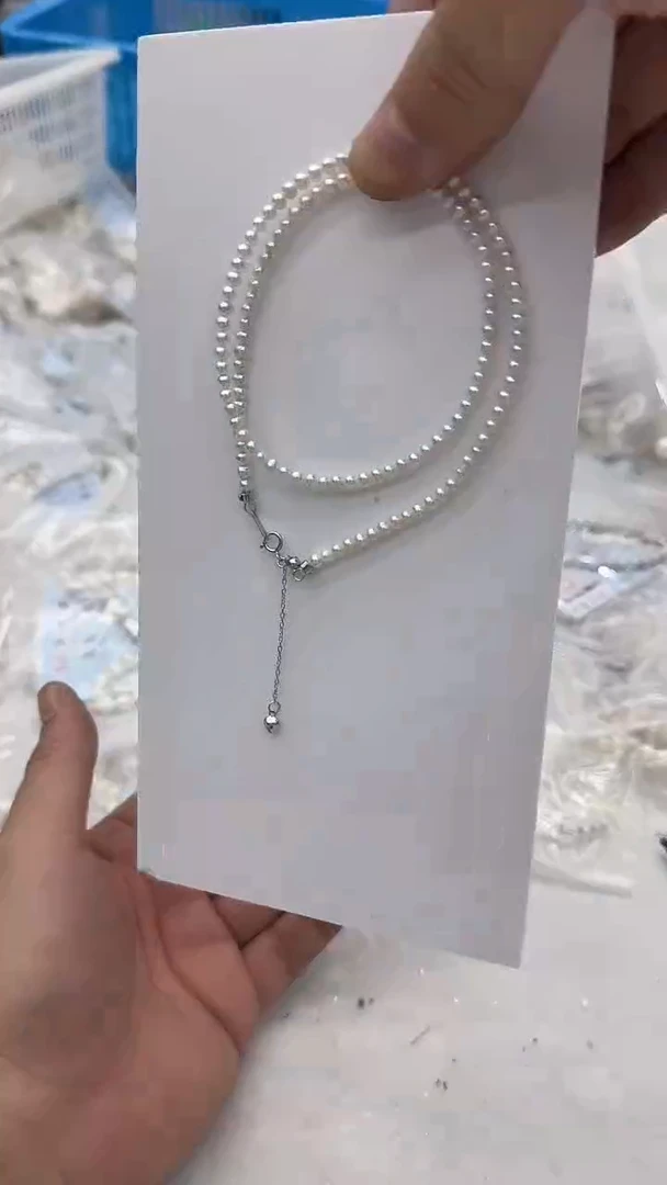 项链银S925镶嵌淡水珍珠3-4mm 爱心尾链