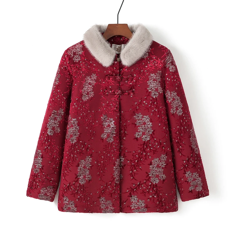 妈妈装加绒加厚新款棉衣中老年人冬季洋气棉服女冬装奶奶大花外套