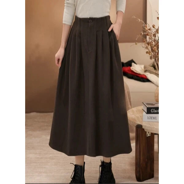 【涧蓝正品】2025冬季新款纯色松紧腰毛呢半身裙女显瘦优雅A字裙子