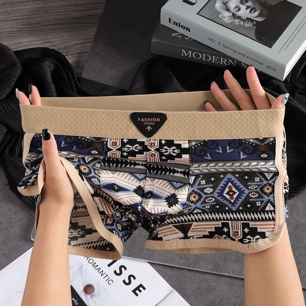 新款复古潮流印花男士内裤运动透气平角裤爆款个性舒适四角短裤头