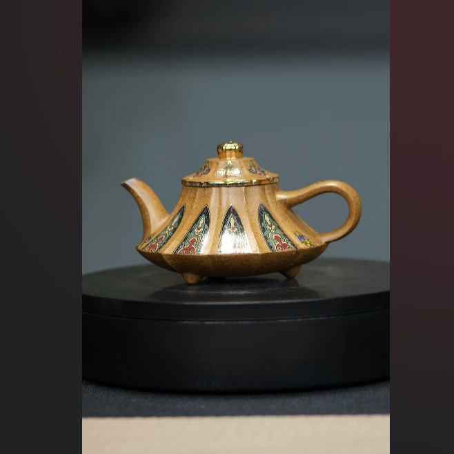 乾元紫砂 龙骨金砂珐琅彩筋纹云炉壶
