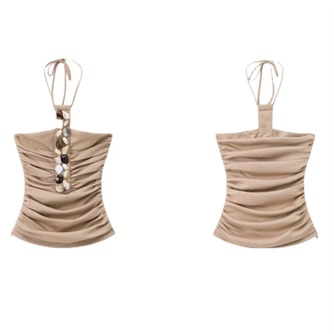 【安-小地球】辣妹卡其挂脖吊带背心外穿女夏季内搭小众抹胸褶皱