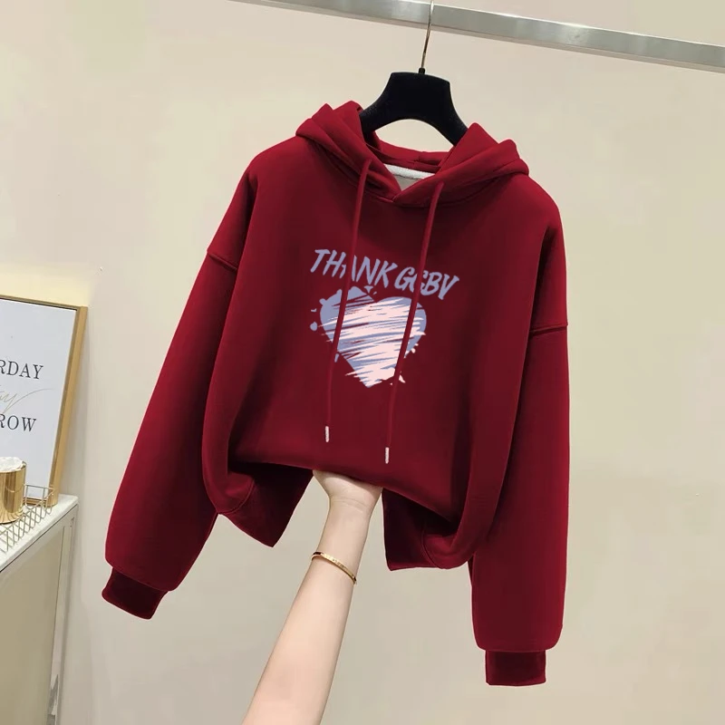 设计感小众秋冬新款2025加绒加厚套头连帽红色卫衣女短款宽松韩版