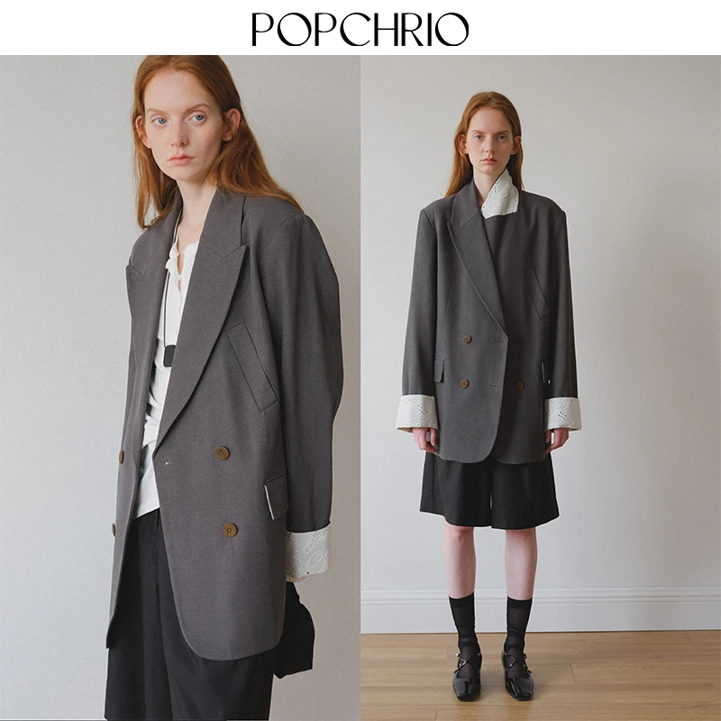 POPCHRIO欧可芮◆撞色高级设计感复古宽肩休闲西装宽松西服外套女