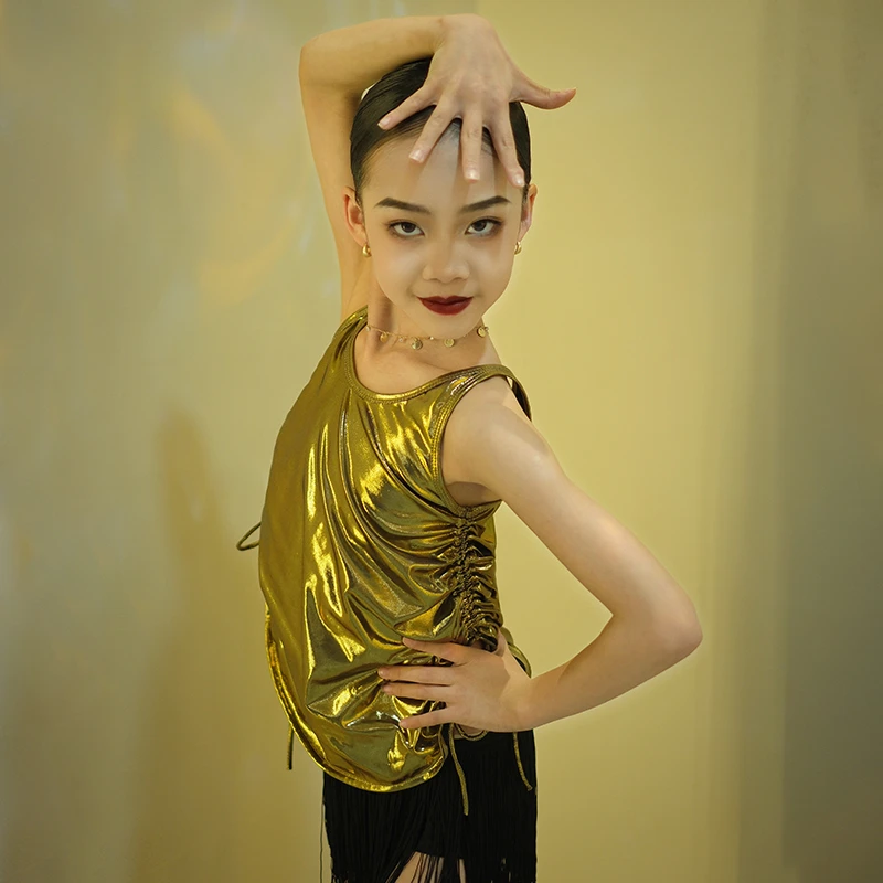 薇妮舞美拉丁舞服国标舞金色上衣单上衣不含背心