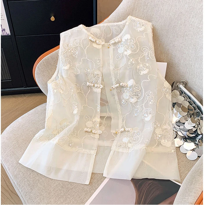 【禅意唐装】欧根纱百搭刺绣白色马甲女款新款新中式