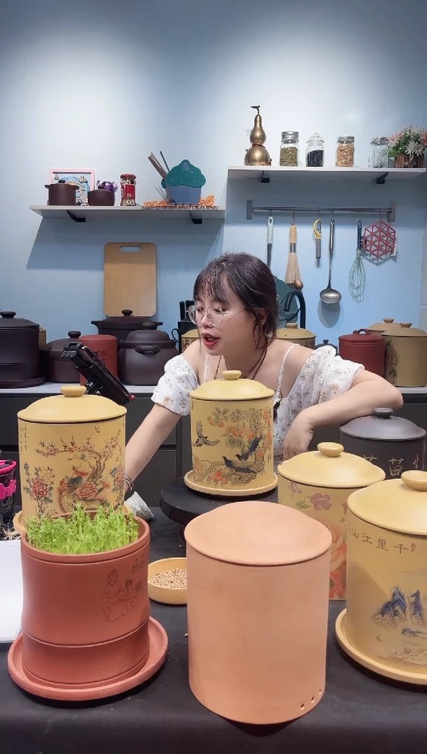 苹*香【2套】绶带鸟黄烤紫砂托盘+桃花泥中罐