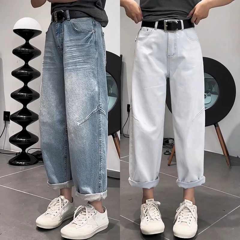 2025年春季新款九分牛仔裤子女高腰弹力奶奶裤哈伦老爹裤百搭显瘦