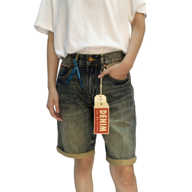 1093 11盎司夏季高端水洗蓝赤耳丹宁宽松直筒男士五分牛仔中裤