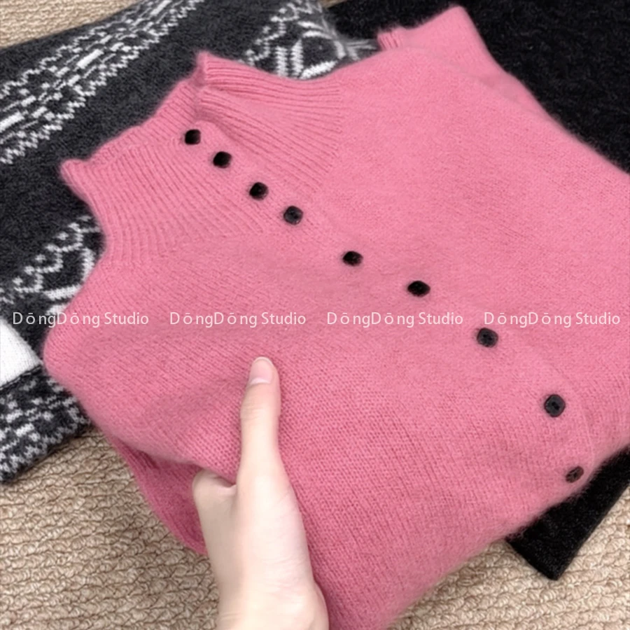 特！售完无补！高领多纽扣开衫纯色宽松长袖针织毛衣外套 NH-79019