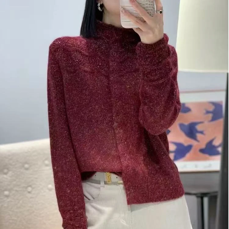 玉姐家段染花纱蜜熊羊毛半高领开衫J6431