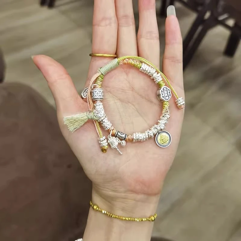 足银手链 黄财神盘缠纯银手链女999足银黄手绳碎银子情人节送女友