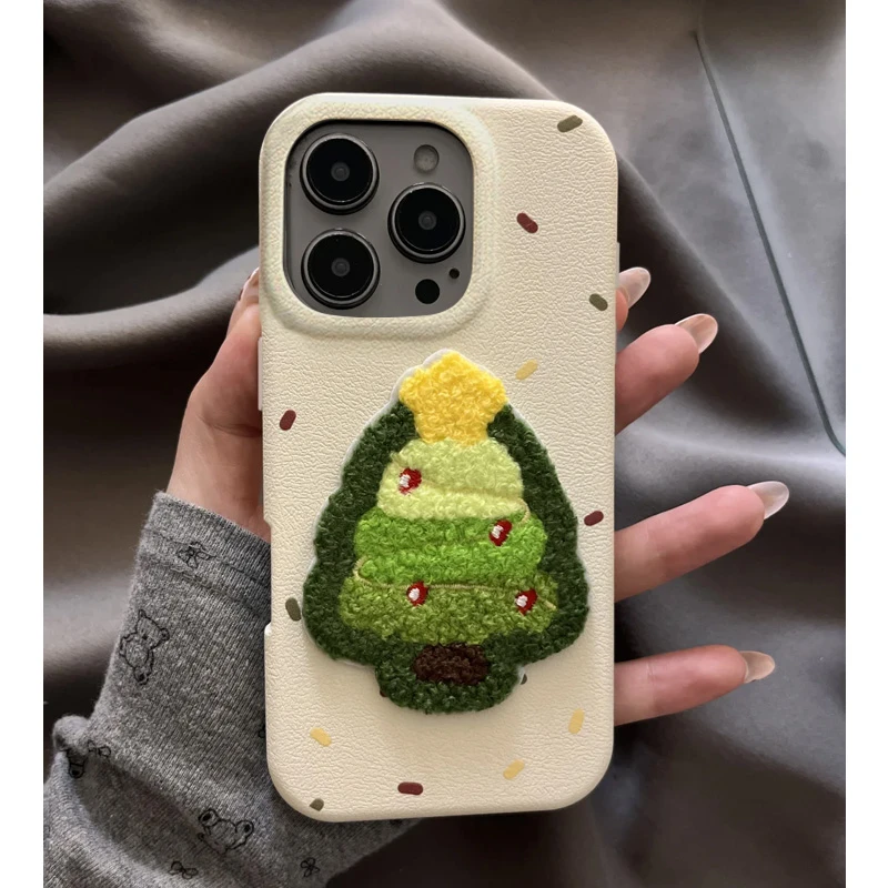 毛绒秋冬刺绣圣诞树适用苹果17手机壳iPhone16华为vivo小米15oppo
