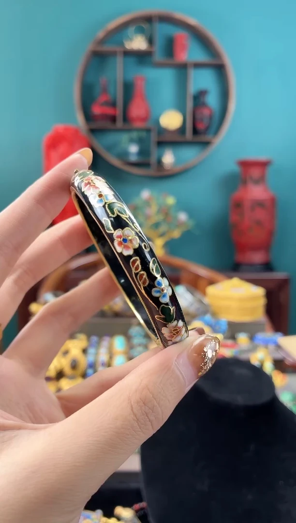 洋*非遗手工景泰蓝碎花开口镯子黑色