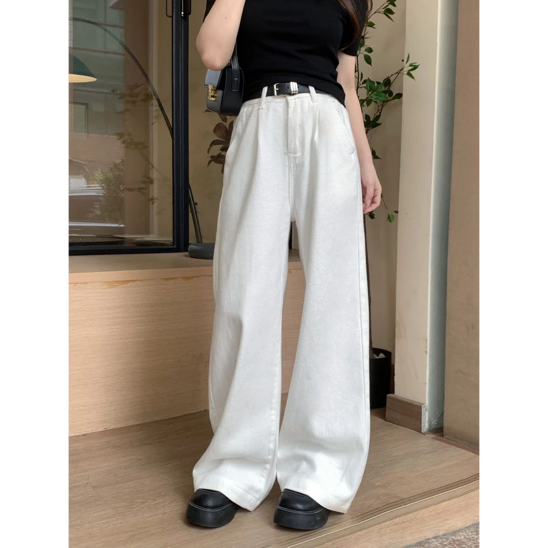 （运费补贴）秋季新款高腰遮胯显瘦百搭柔软垂感白色窄版阔腿牛仔裤