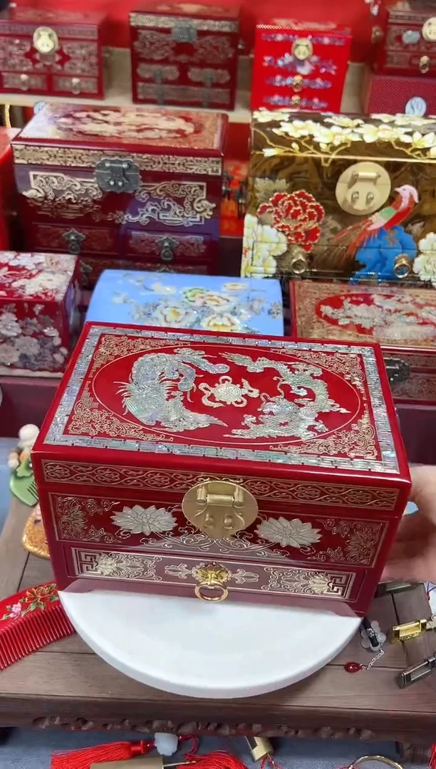 妖*月24厘米新款三层单抽掐丝螺钿镶嵌酒红铜扣龙凤呈祥
