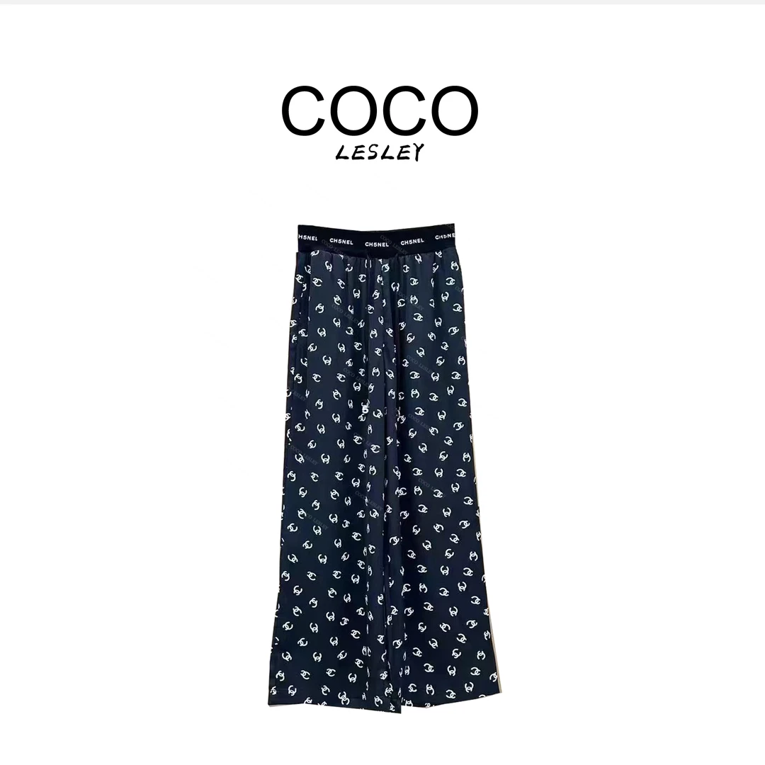 印花夏季阔腿裤慵懒风高腰休闲裤女装直筒松紧腰初恋风提花满印