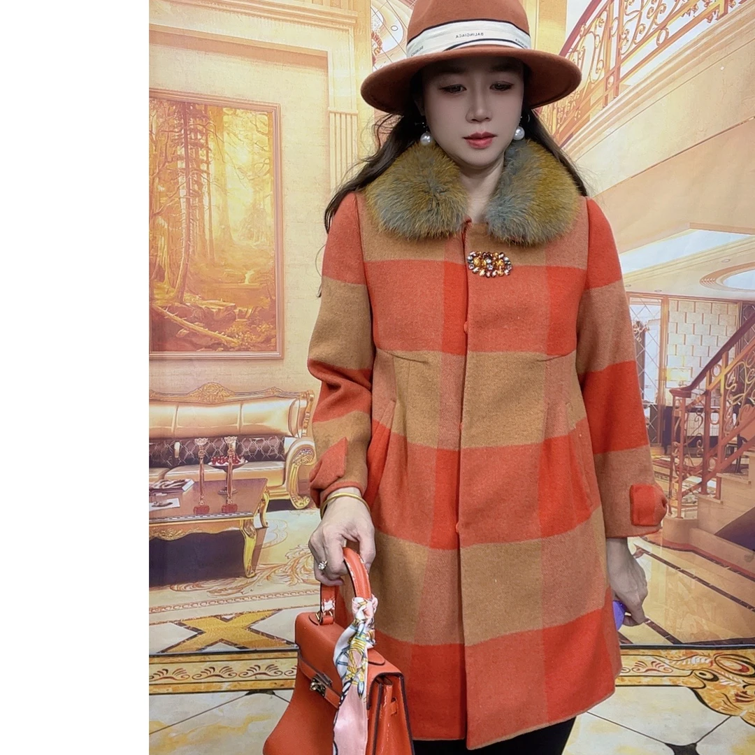 015新款中老年女毛领格子毛呢大衣中长款加棉加厚外套