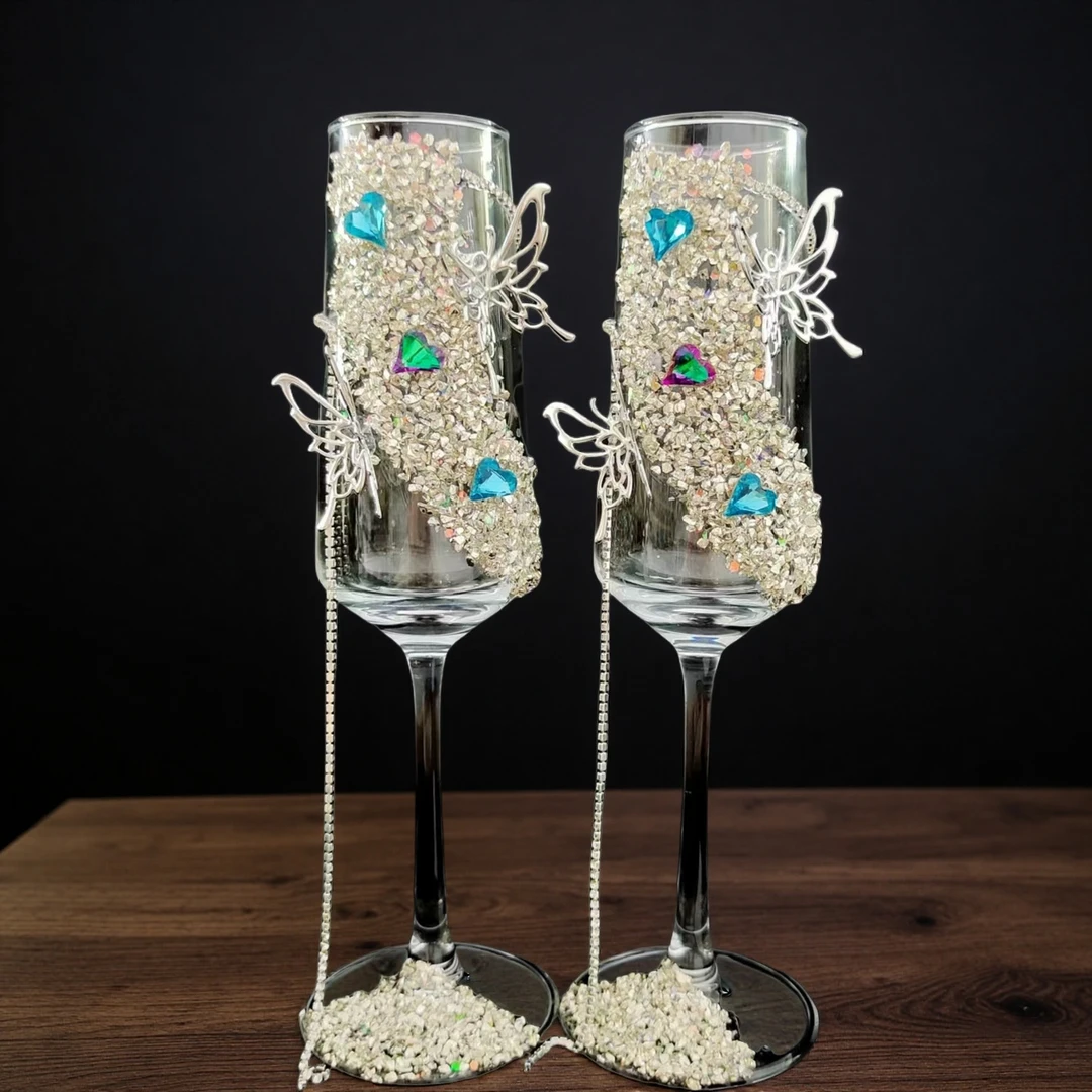 订婚敬酒杯diy 高脚杯创意 diy 敬酒杯材料包碎钻敬酒杯