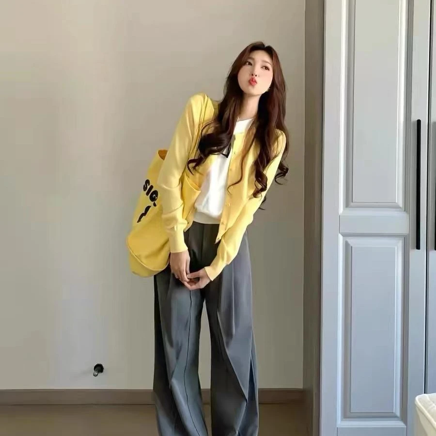 春秋季假两件早秋穿搭慵懒风针织开衫毛衣外套女软糯韩系撞色上衣
