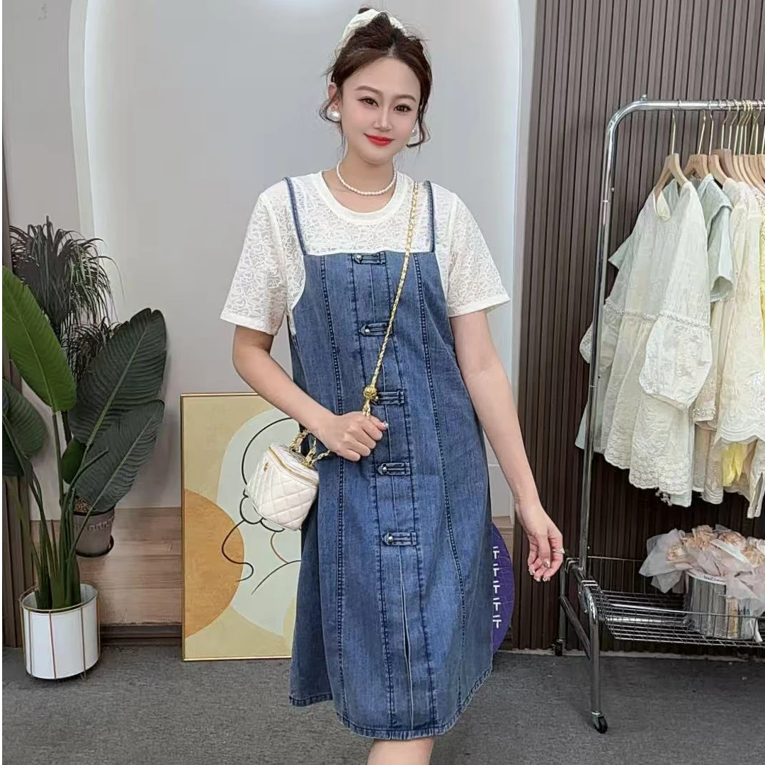 【柚】夏季水洗牛仔蕾丝拼接大码连衣裙假两件显瘦牛仔连衣裙