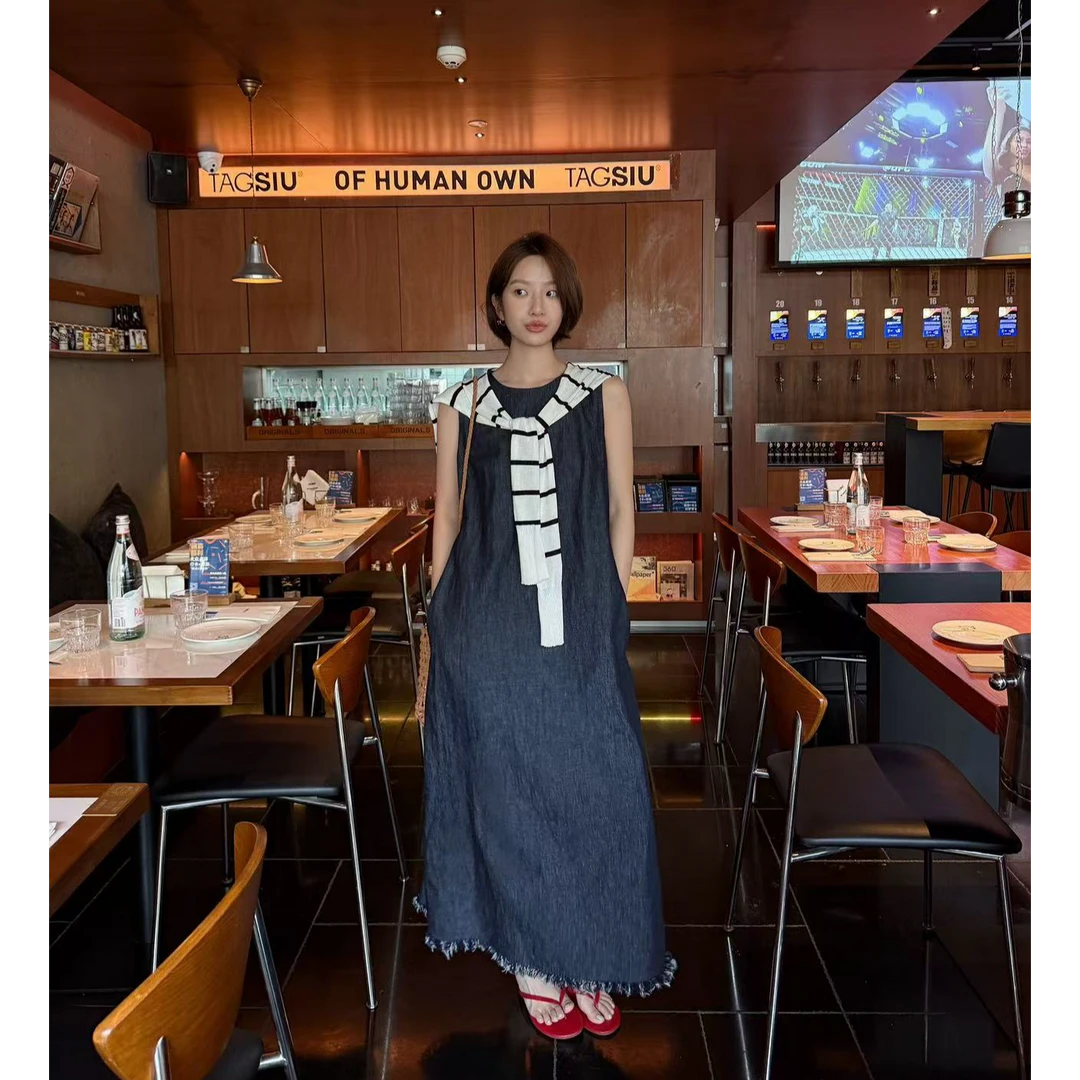 【no退no换 谨慎下单】条纹披肩中长款无袖宽松连衣裙 N5173