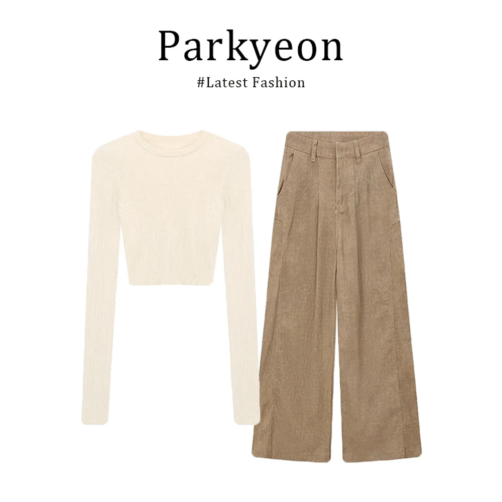 parkyeon港风辣妹修身短款针织衫上衣阔腿牛仔裤两件套装女春秋季